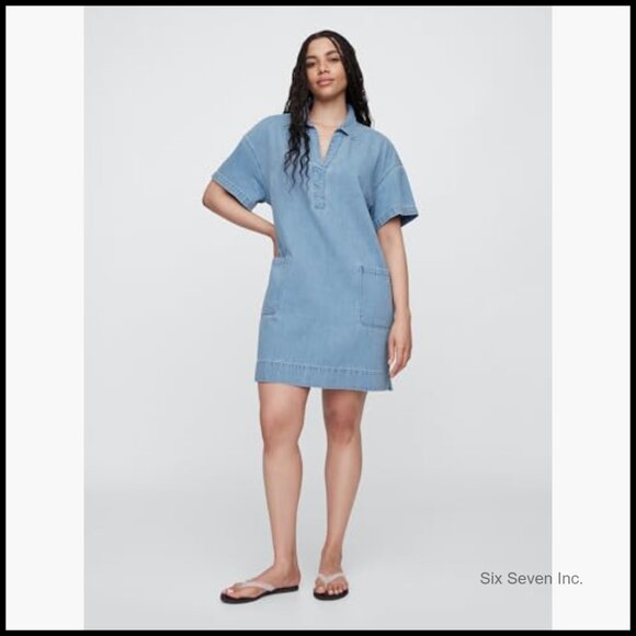 Denim Popover Mini Dress Casual Comfortable Fit Machine Washable - Picture 4 of 6